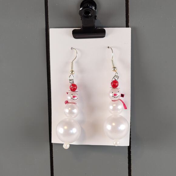 Handmade Snowman Earrings White Bead Holiday Drop Pierced Hook 2.25" Dangle - Picture 6 of 7